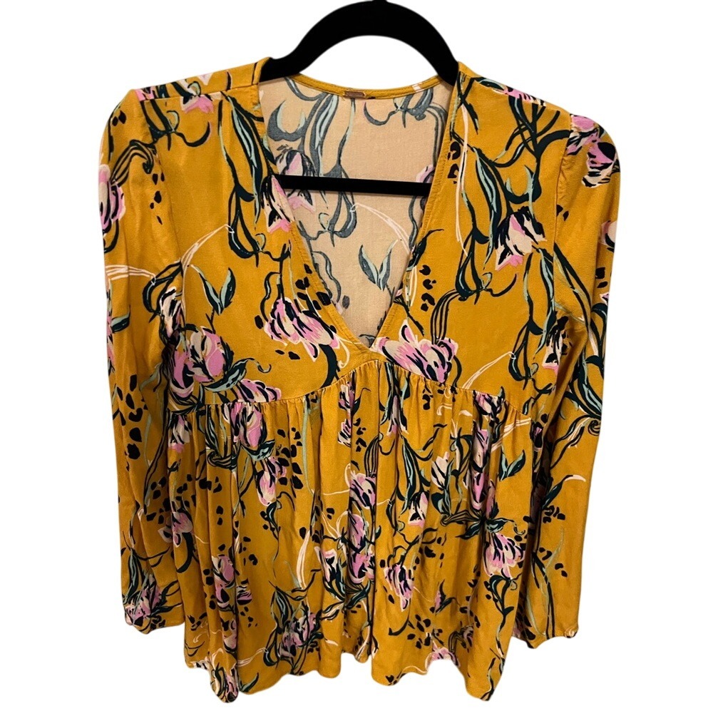 Free People Floral Tunic Top Long Sleeve‎ V Neck Babydoll Blouse Size X-Small